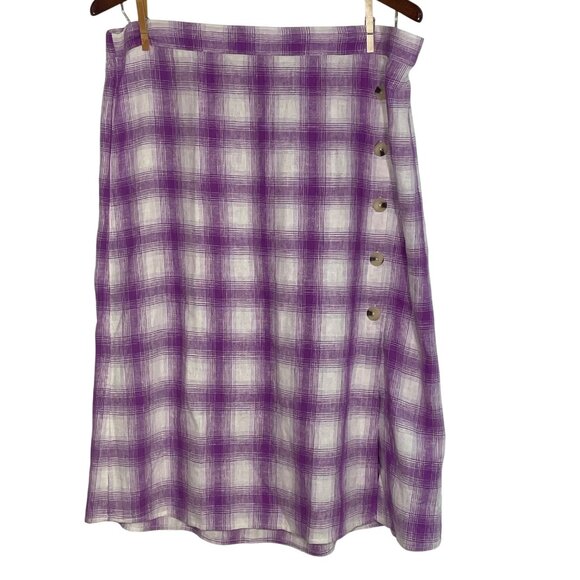 LOFT Outlet Plaid Linen Blend Pull On Midi Skirt Purple Sz XL Button Accent - Picture 1 of 8